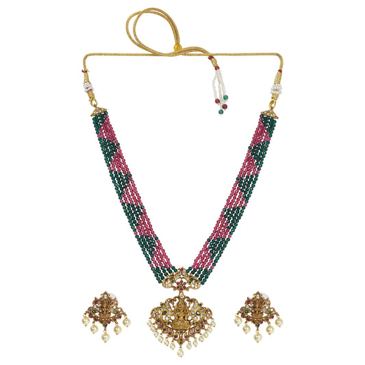 Padmavati Antique Matte Gold Plated Short Necklace Set with Devi Laxmi Motif - The Soul Jewellery