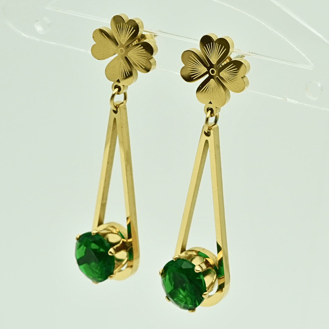 Elegant 18K Gold Plated Anti - Tarnish Clover & Green Crystal Drop Earrings ATER212 - The Soul Jewellery