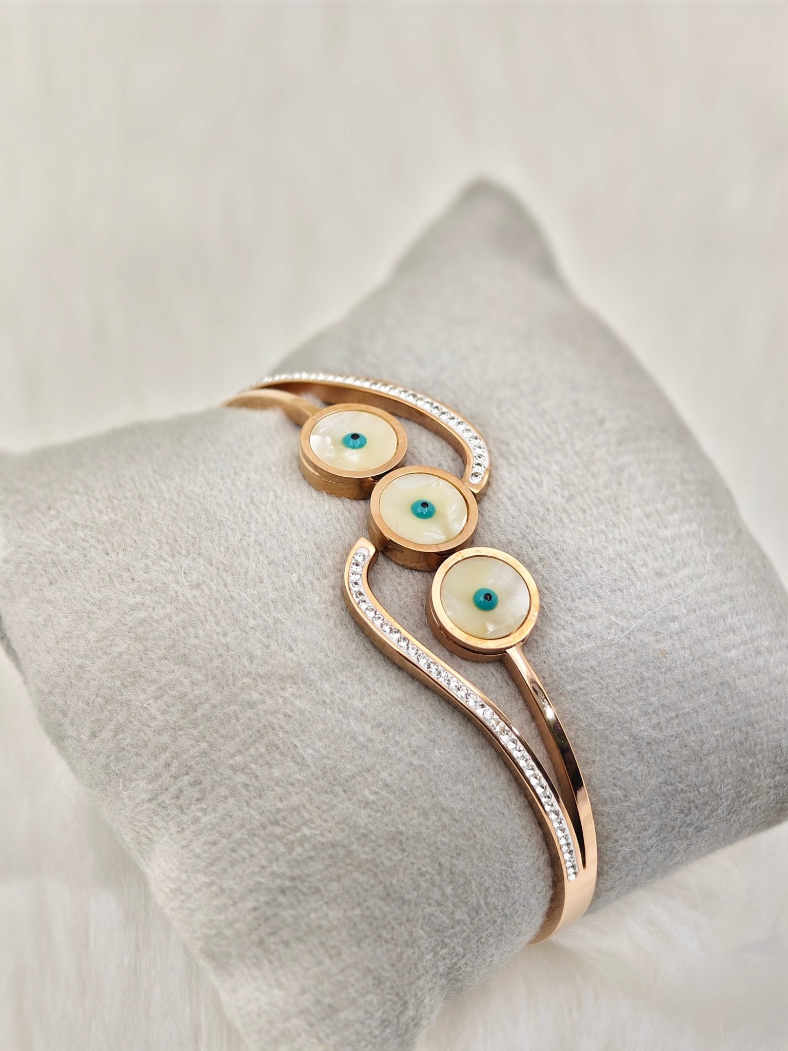 18K Rose Gold Plated Anti-Tarnish Evil Eye Bangle for Women – Crystal-Studded Protective Bracelet