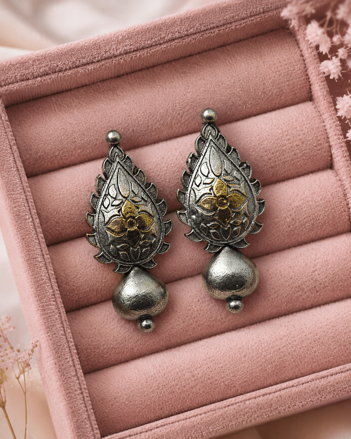 Antique Dual Tone Floral Drop Earrings for Women | Oxidized Silver & Gold Ethnic Earrings - The Soul Jewellery