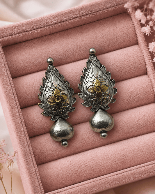 Antique Dual Tone Floral Drop Earrings for Women | Oxidized Silver & Gold Ethnic Earrings - The Soul Jewellery