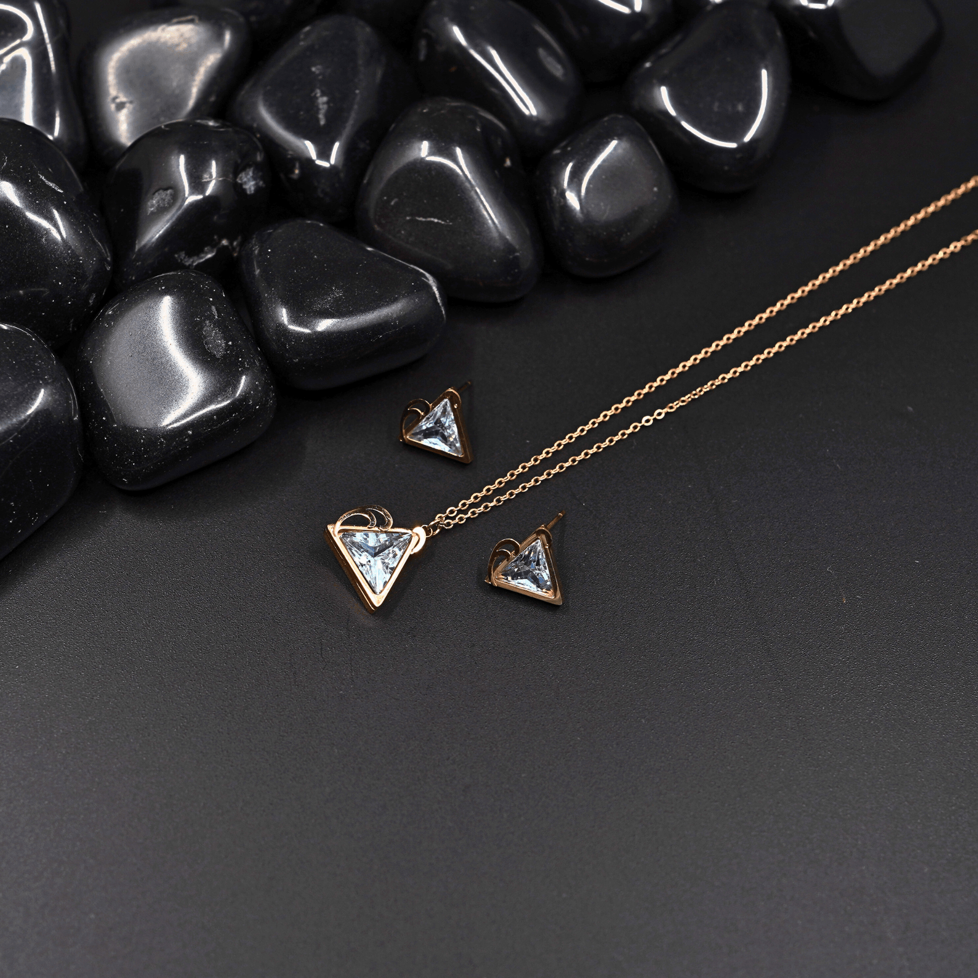 Rose Gold Geometric Demi Fine Necklace & Earring Set | AntiTarnish Triangle Stone Pendant for Women - The Soul Jewellery