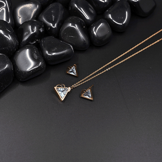 Geometric Elegance: 18K Rose Gold - Plated Anti - Tarnish Necklace and Earring Set with Triangle stone studded Pendants ATCP124 - The Soul Jewellery