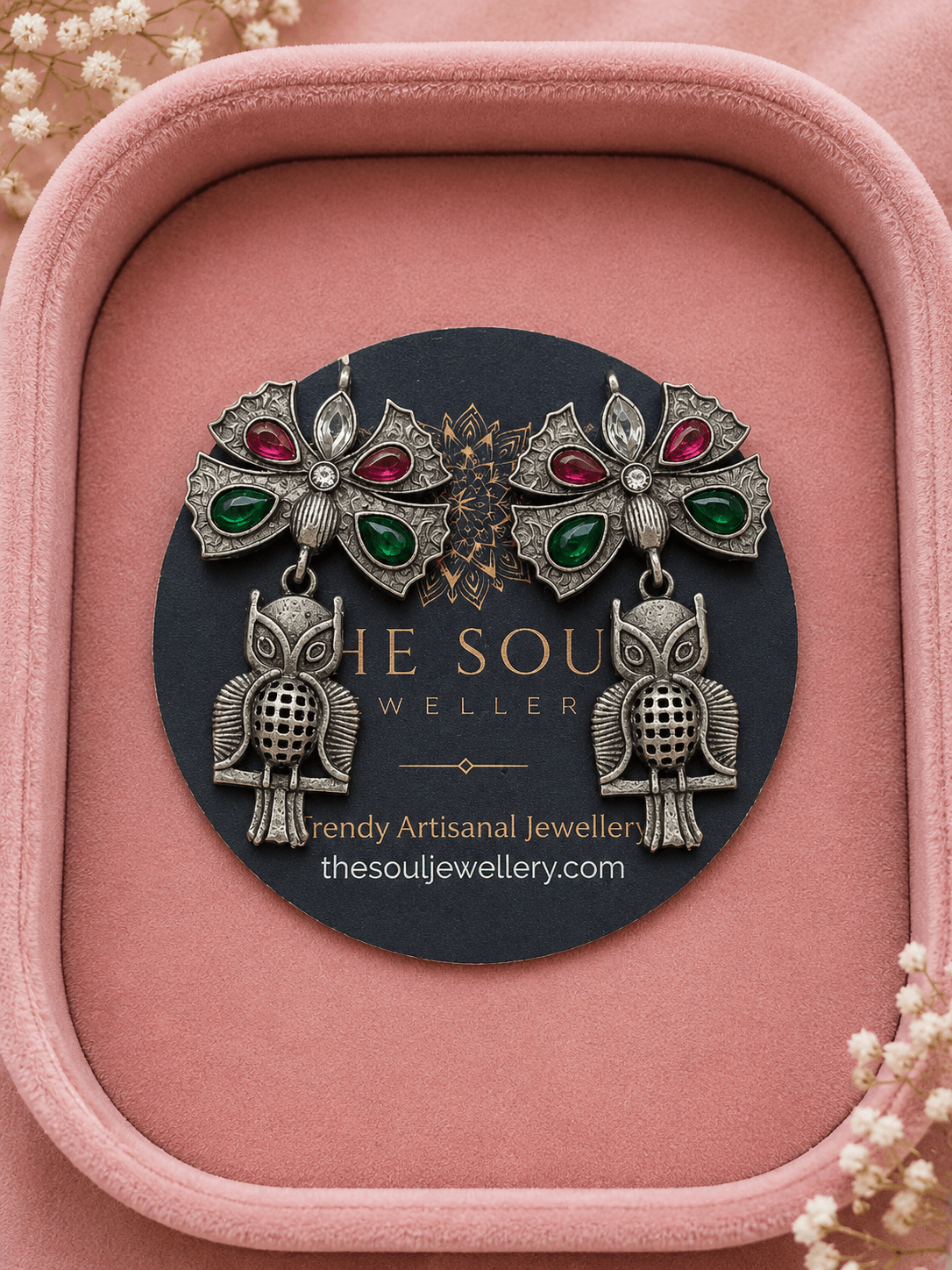 Vintage Oxidized Silver Owl Drop Earrings for Women | Green & Ruby Stone Statement Earrings - The Soul Jewellery