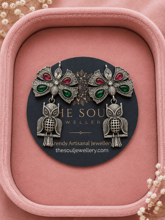 Vintage Oxidized Silver Owl Drop Earrings for Women | Green & Ruby Stone Statement Earrings - The Soul Jewellery