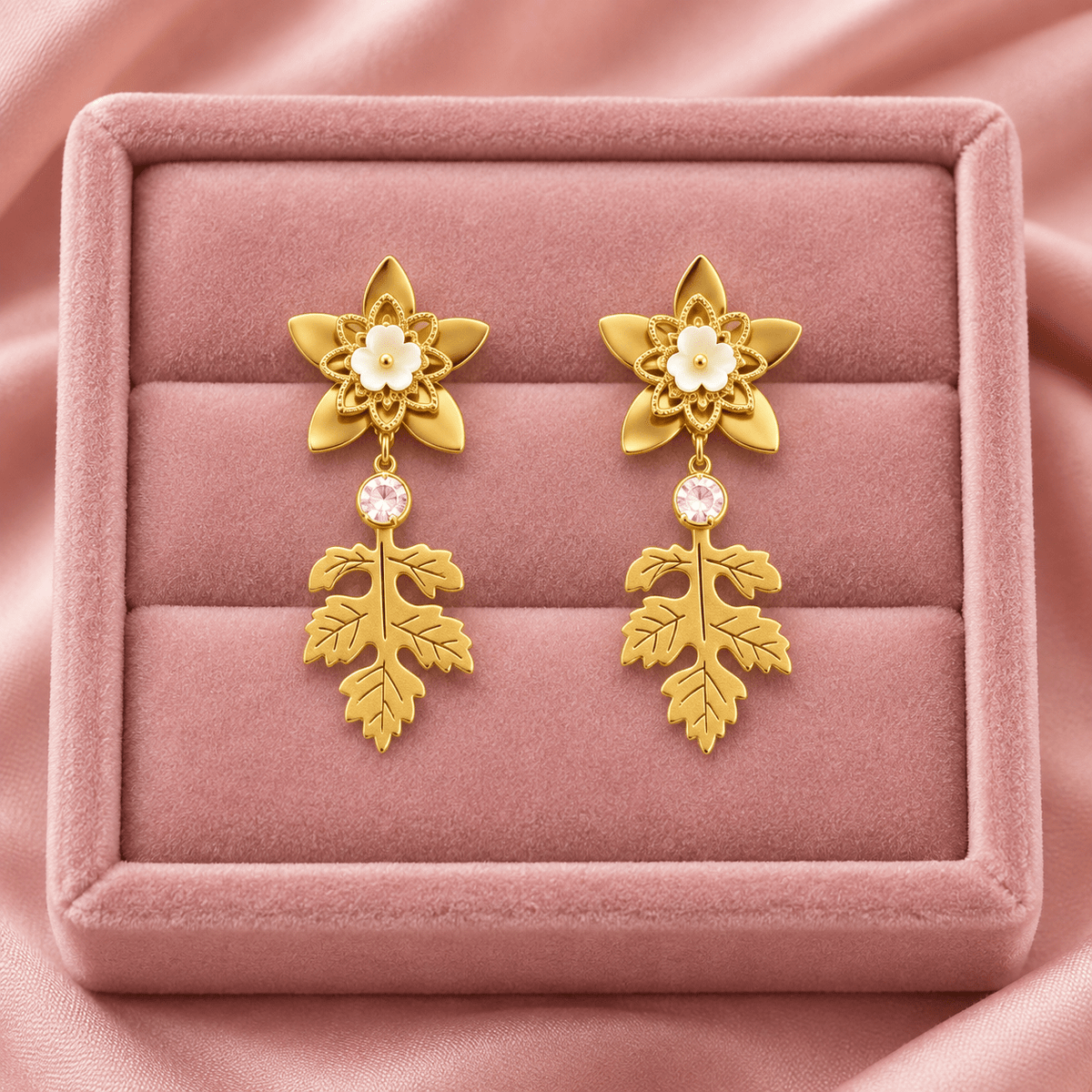 Gold-Tone Stainless Steel Floral Leaf Drop Earrings for Women | White Flower & Crystal Dangle Earrings - Soul Jewellery