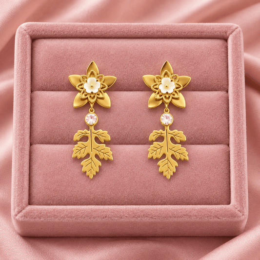 Gold-Tone Stainless Steel Floral Leaf Drop Earrings for Women | White Flower & Crystal Dangle Earrings - Soul Jewellery