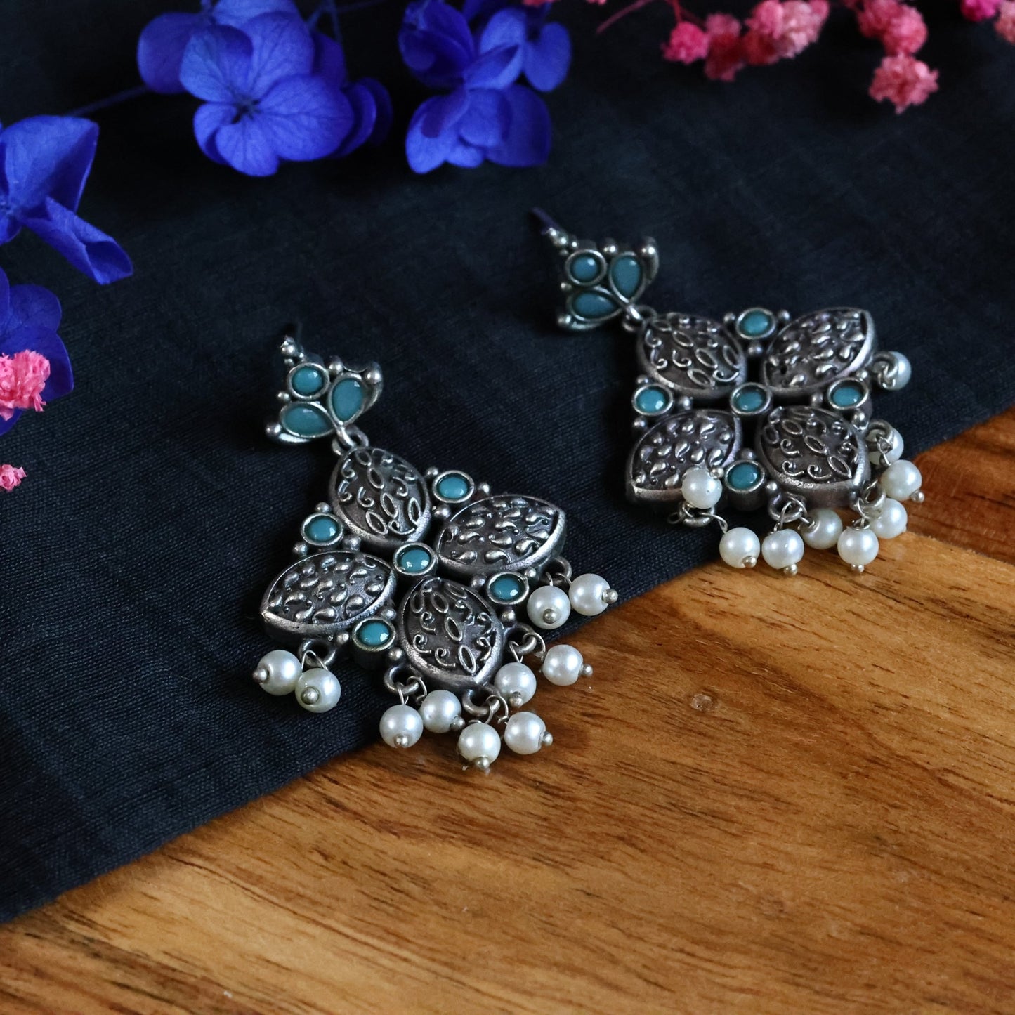Floral Design German Silver Earrings with Blue Stones and Pearls - The Soul Jewellery