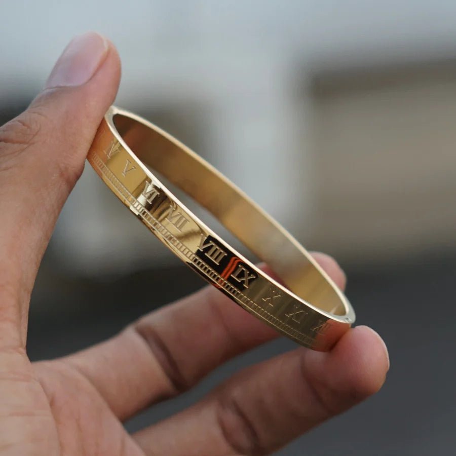 Luxury 18K Gold Plated Roman Numeral Bangle – Timeless & Elegant Anti - Tarnish Bracelet RGB407 - The Soul Jewellery