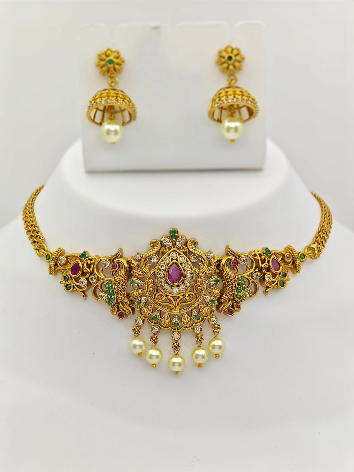 Apala Nakshi Choker Set with Pearl Drops and Intricate Peacock Motifs – Traditional Temple Jewelry MGNS312 - The Soul Jewellery