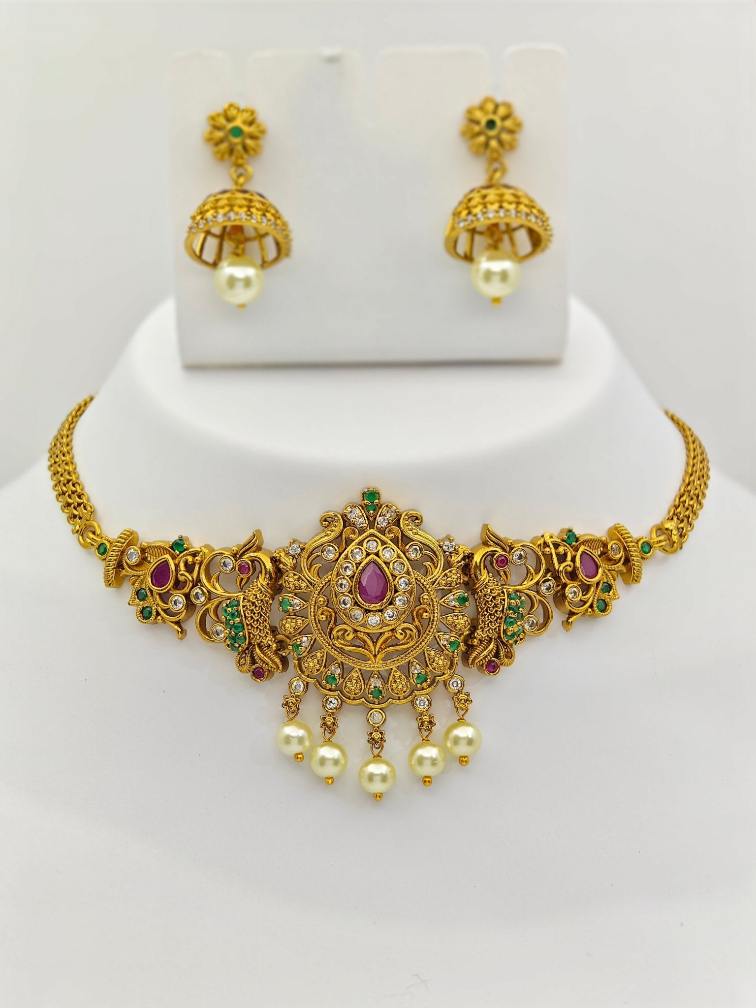 Apala Nakshi Choker Set with Pearl Drops and Intricate Peacock Motifs – Traditional Temple Jewelry MGNS312 - The Soul Jewellery