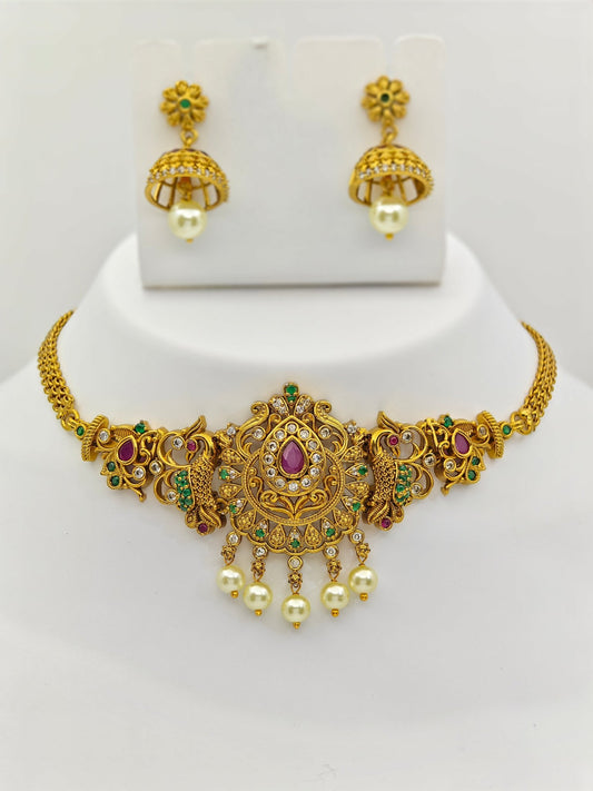 Apala Nakshi Choker Set with Pearl Drops and Intricate Peacock Motifs – Traditional Temple Jewelry MGNS312 - The Soul Jewellery