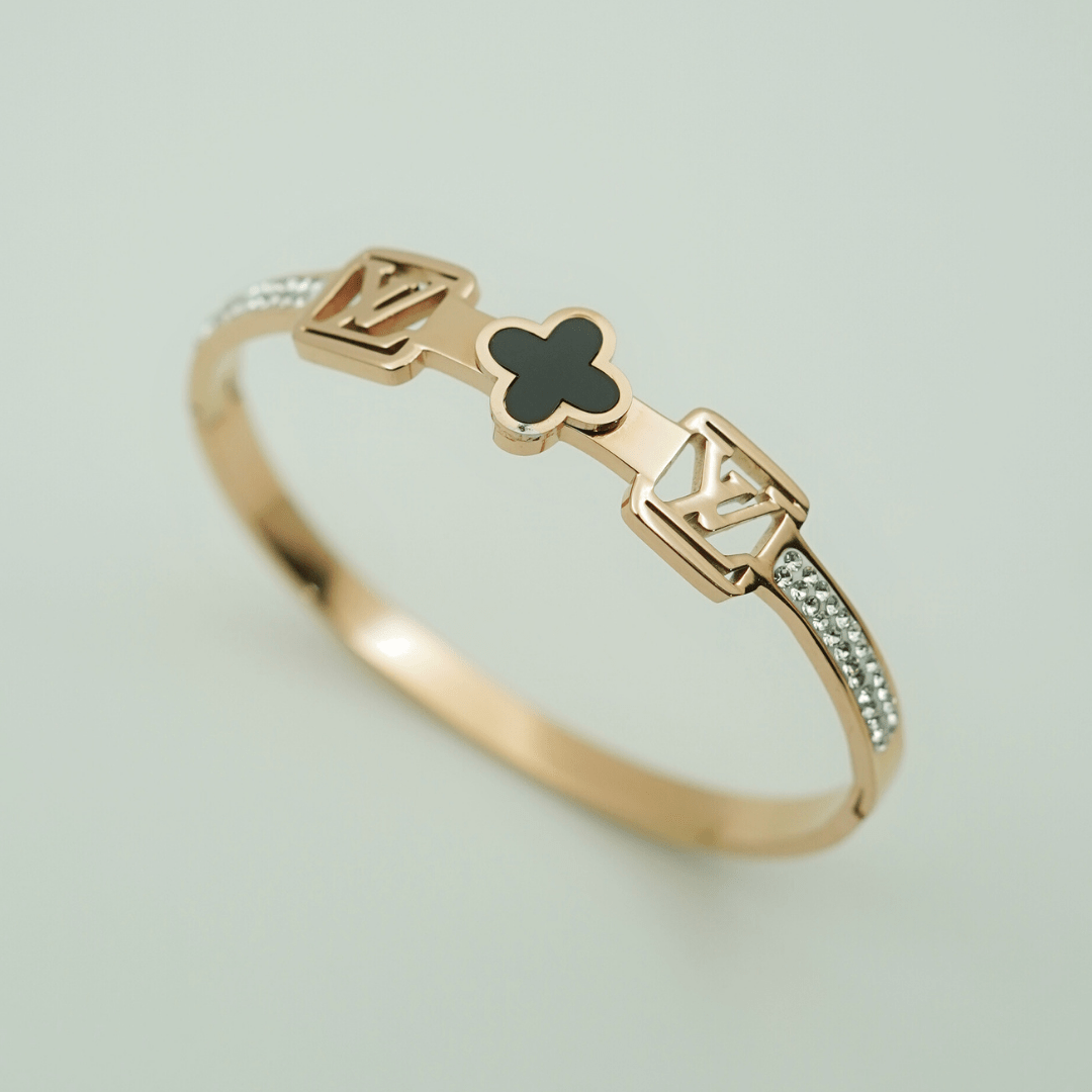 Sophisticated 18K Rose Gold Plated Anti - Tarnish Bangle with LV Logo Engraving, Clover Design, and Dazzling Crystal Accents RGB39 - The Soul Jewellery