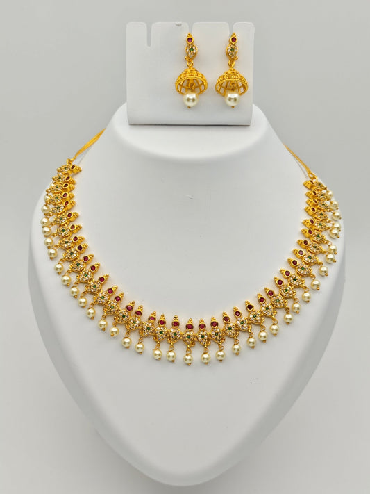 Nirupa Antique Gold Plated Temple Choker Necklace Set with Pearl Drops and Ruby Accents – Traditional Ethnic Jewelry MGNC308 - The Soul Jewellery