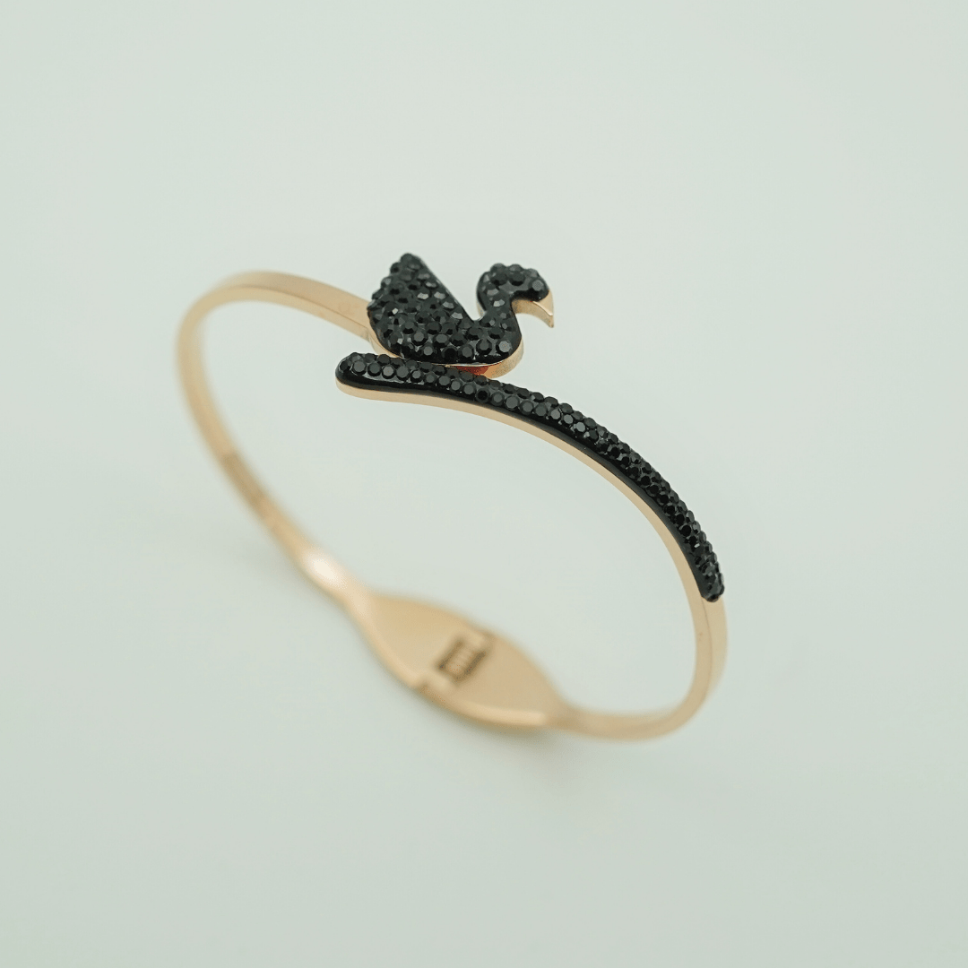 Rose Gold-Plated Swarovski-Inspired Anti-Tarnish Bangle with Black Swan Design – Bracelet for Women - The Soul Jewellery