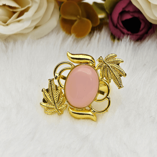 Premium Gold - Plated Brass Ring with Pink Natural Stone – Elegant Leaf Motif Adjustable Statement Ring for Women - The Soul Jewellery