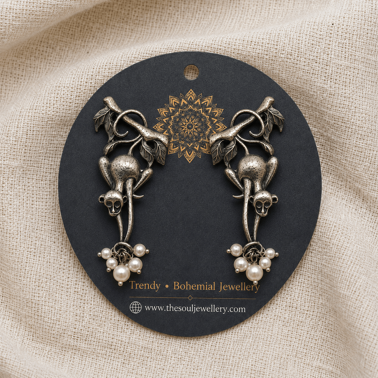 Oxidised Monkey Pearl Drop Earrings for Women – Vintage Animal Design Boho Tribal Earrings - The Soul Jewellery