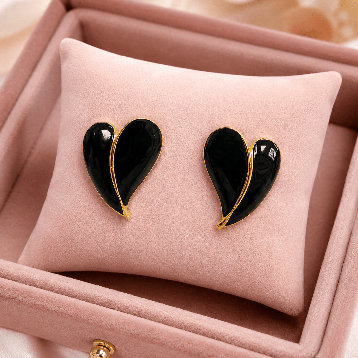 Black Heart Stud Earrings for Women – Gold-Tone Enamel Minimal Demi fine Earrings - Soul Jewellery