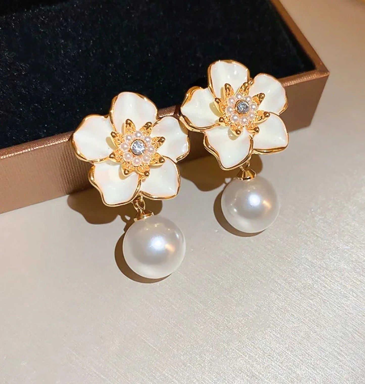 White Enamel Floral Pearl Drop Earrings for Women – Ivory Bloom Aura 6™ Gold Plated Demi - Fine Designer Earrings - The Soul Jewellery