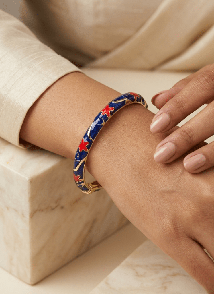 Blue Enamel Floral Gold Bracelet for Women – Azure Bloom Aura 6™ Anti - Tarnish Designer Enamel Bangle | Luxury Demi - Fine Kada for Women - The Soul Jewellery