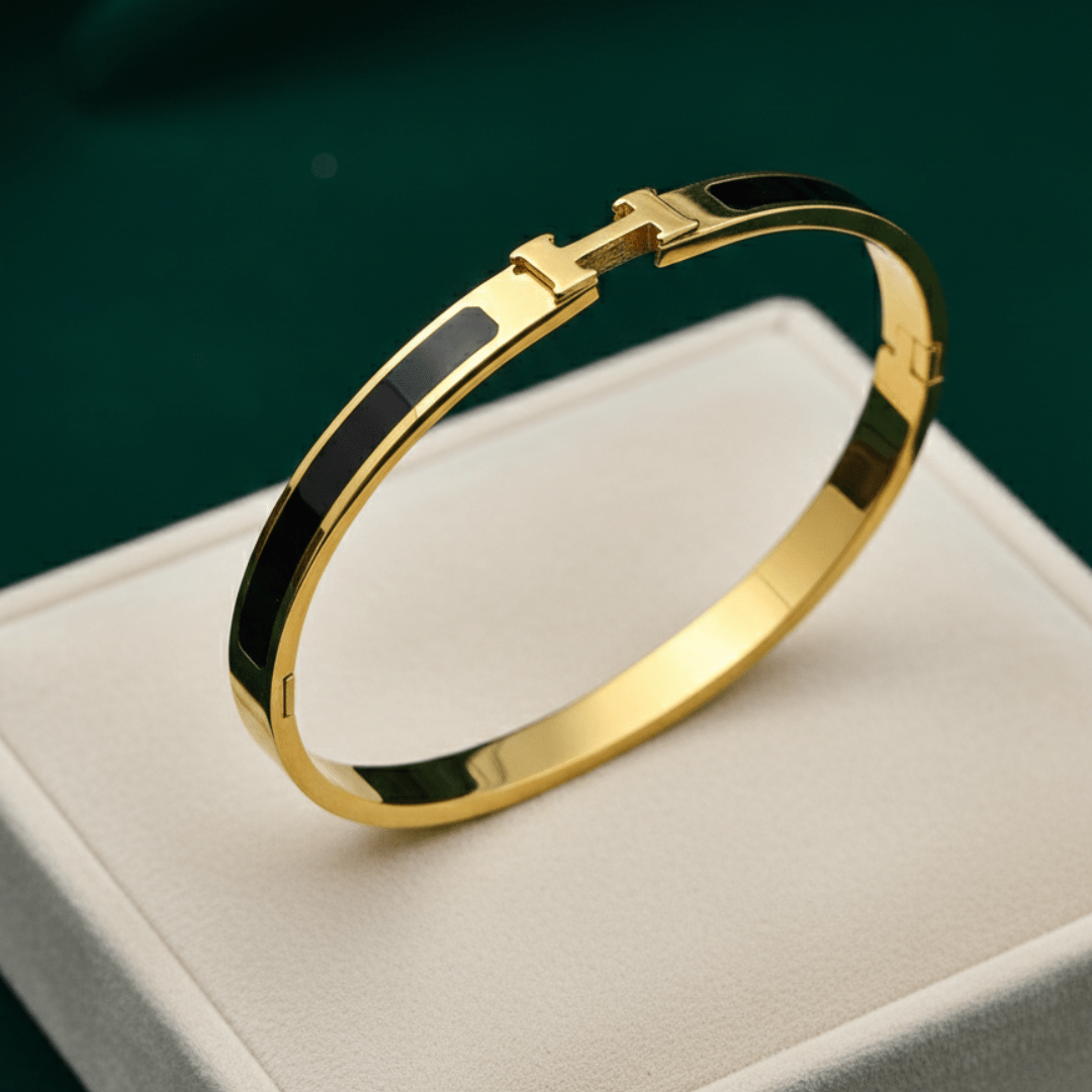 Royal Aura 8™ Black Enamel H Bracelet | Anti - Tarnish Demi - Fine Stainless Steel Cuff for Men & Women - The Soul Jewellery
