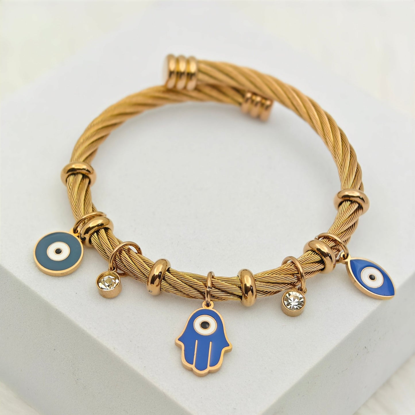 18K Rose Gold-Plated Evil Eye & Hamsa Charm Bracelet – Anti-Tarnish Stainless Steel Turkish Bangle - The Soul Jewellery