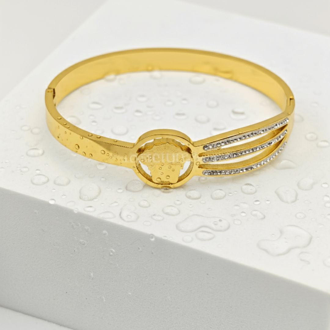 Trinity 27™ Gold Bracelet – Versace Inspired Triple Line CZ Studded Kada for Women | 18K Gold Plated Anti - Tarnish Stainless Steel Designer Bangle - The Soul Jewellery