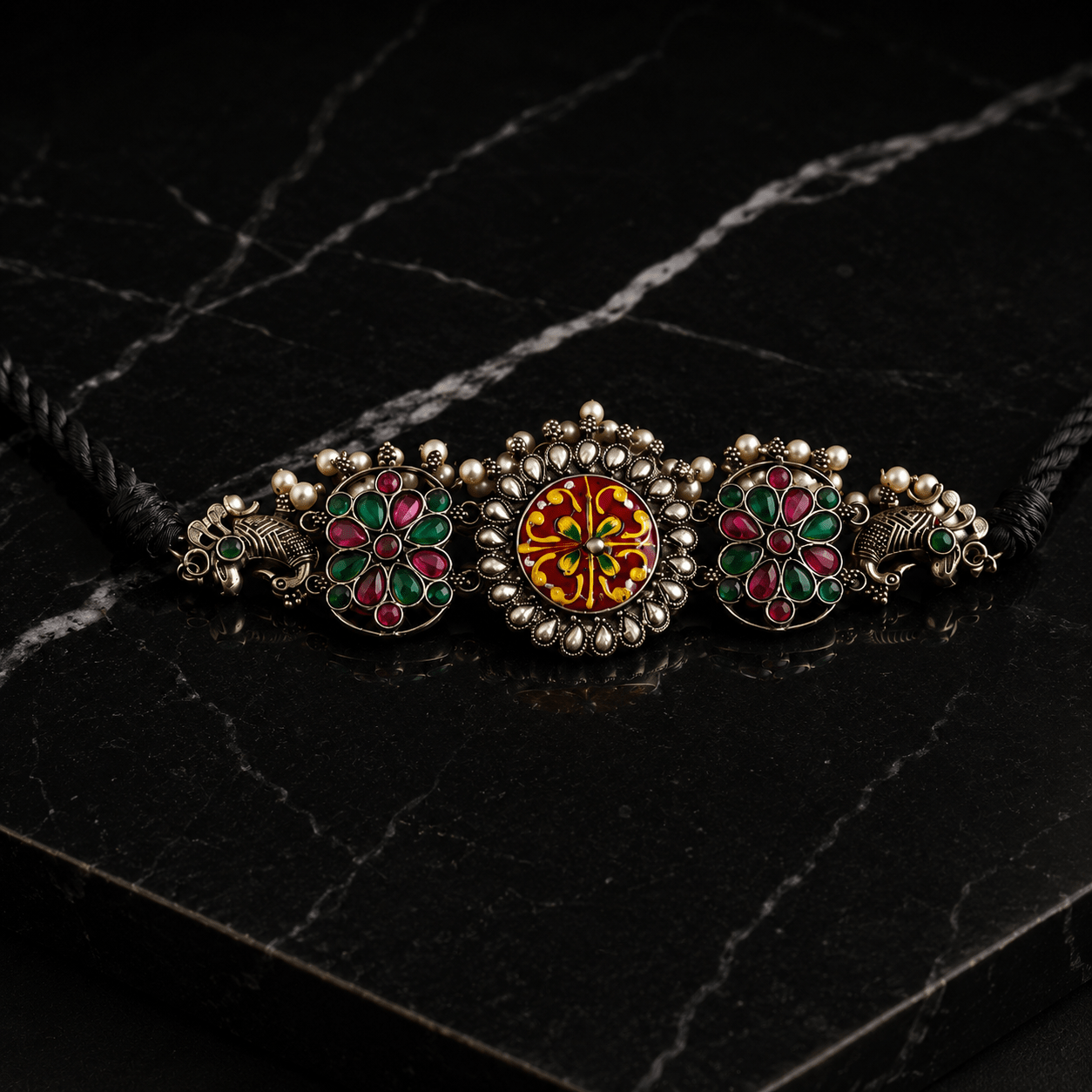 Silver Finish Floral Kundan Choker Necklace with Pearl Drops & Matching Earrings - Soul Jewellery
