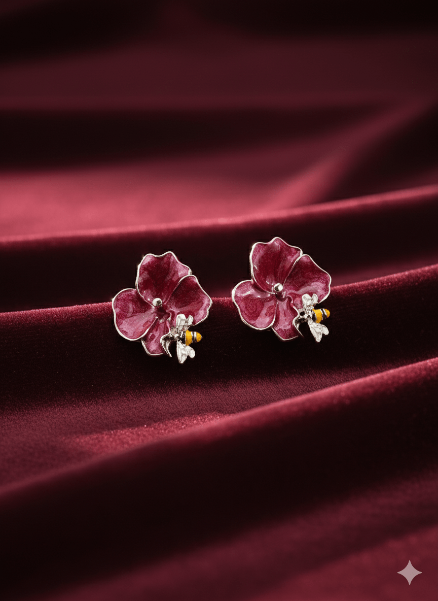 Demi - Fine Red Enamel Flower Bumblebee Earrings | Floral Statement Retro Bee Stud Jewelry - The Soul Jewellery