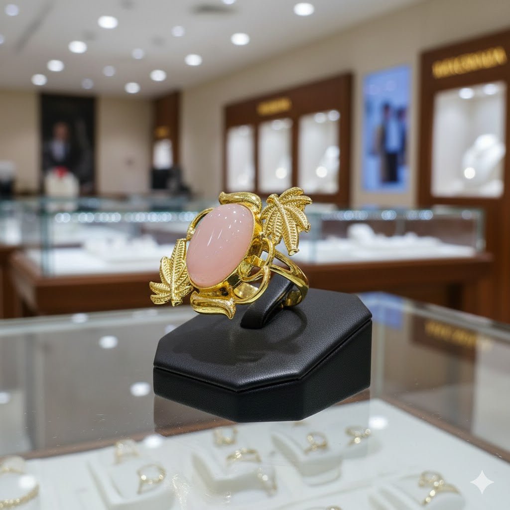 Premium Gold-Plated Brass Ring Pink Natural Stone –Leaf Motif Adjustable Statement Ring for Women - The Soul Jewellery