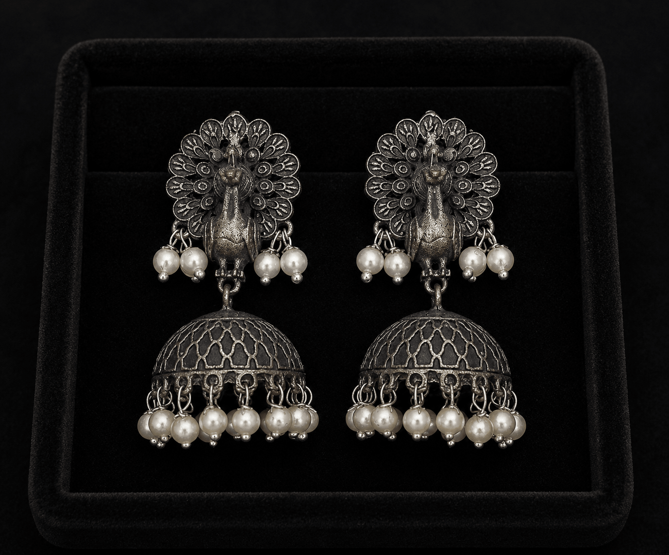 Mayura Pearl Jhumka Earrings for Women – Oxidized Silver Peacock Dome Earrings with Pearl Drops - The Soul Jewellery
