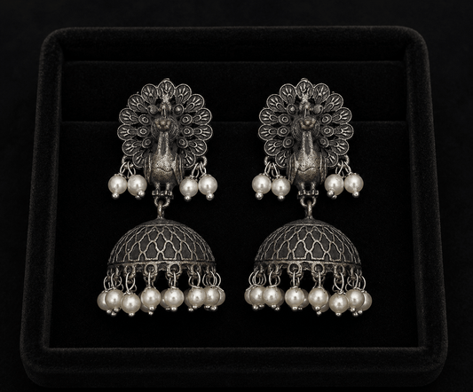 Mayura Pearl Jhumka Earrings for Women – Oxidized Silver Peacock Dome Earrings with Pearl Drops - The Soul Jewellery