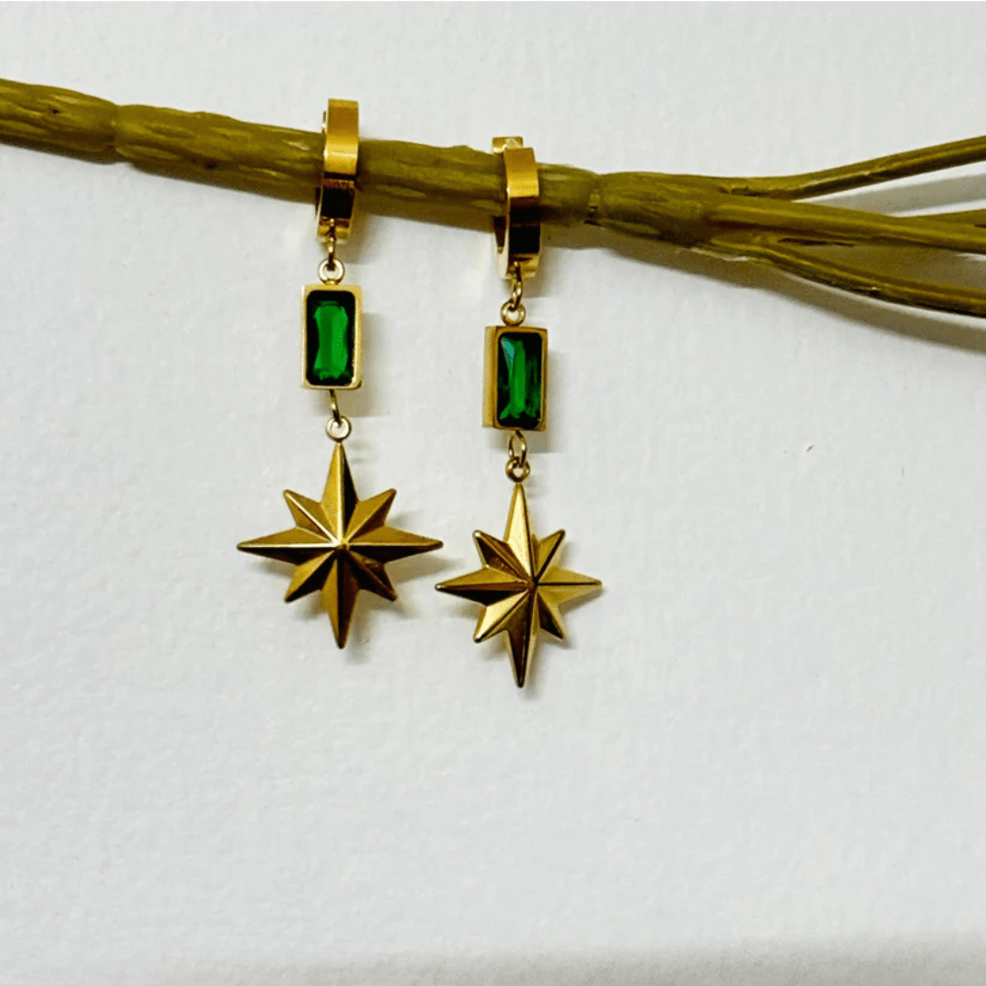 Luxury 18K Gold Plated Anti - Tarnish Star Drop Earrings with Emerald Green Accents – Elegant Statement Jewelry ATER214 - The Soul Jewellery