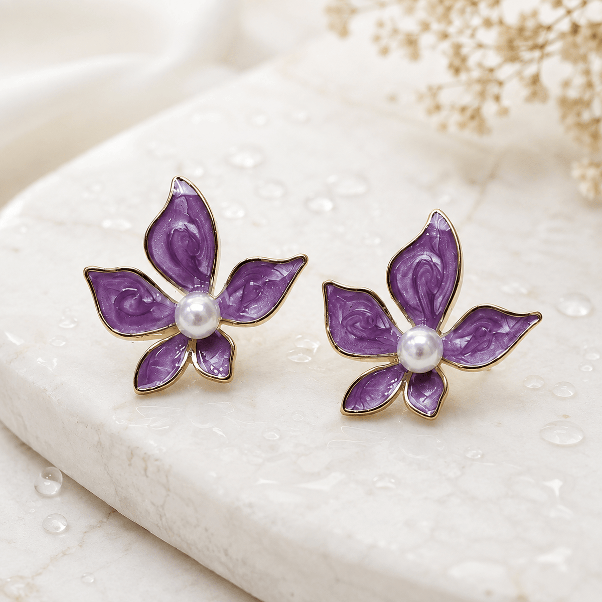 Purple Floral Pearl Stud Earrings for Women – Gold-Tone Enamel Flower Earrings - Soul Jewellery