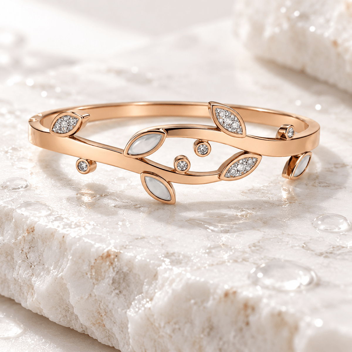 Rose Gold Plated Mother of Pearl Leaf & CZ Crystal Openable Demifine Bangle Bracelet for Women - Soul Jewellery