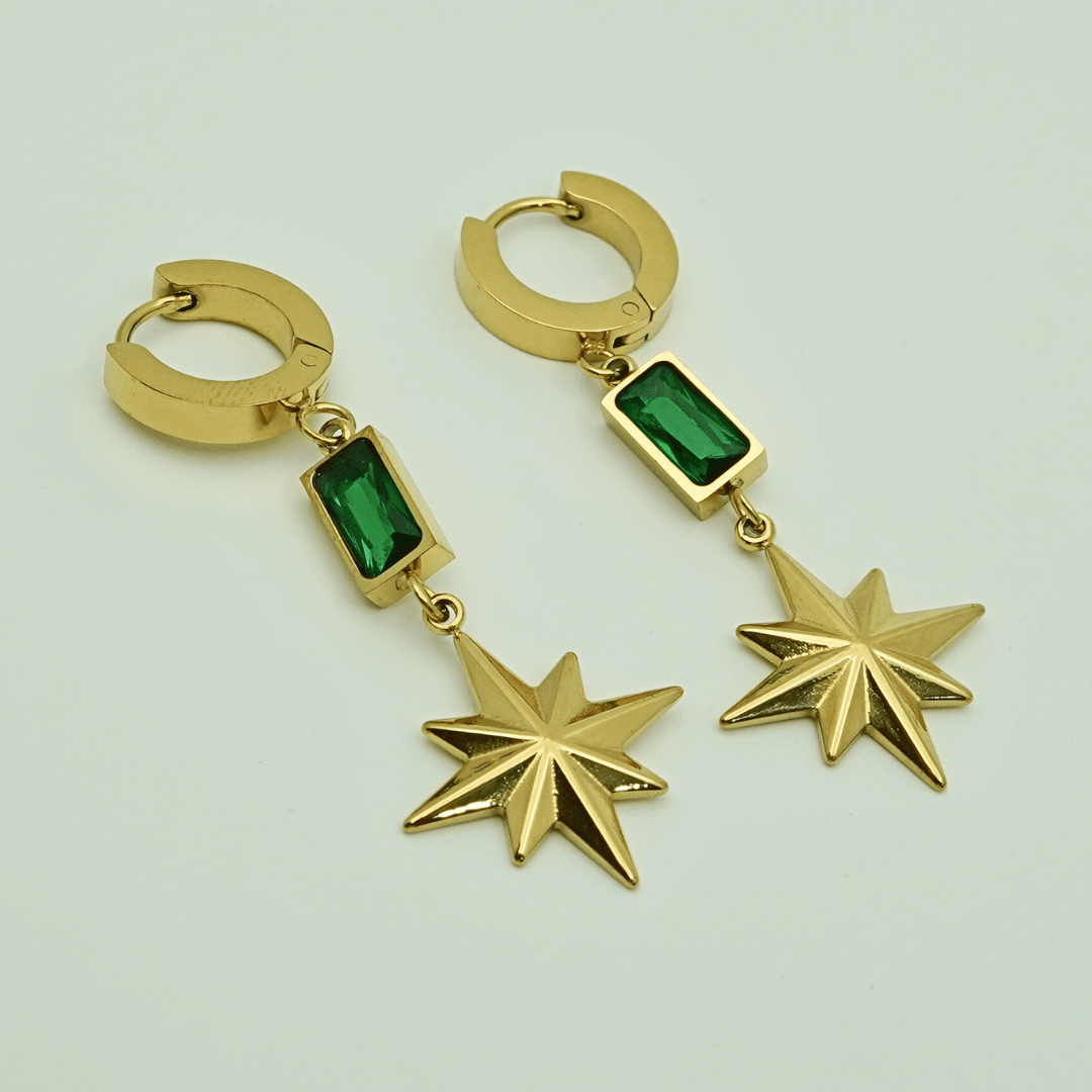 Luxury 18K Gold Plated Anti - Tarnish Star Drop Earrings with Emerald Green Accents – Elegant Statement Jewelry ATER214 - The Soul Jewellery