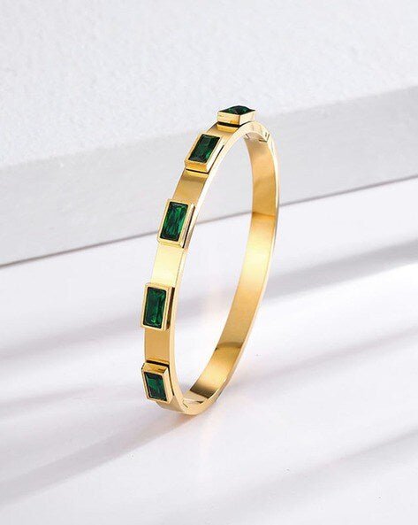 18K Gold Plated Anti - Tarnish Emerald Green Stone Bangle – Elegant Openable Daily Wear Bracelet - The Soul Jewellery