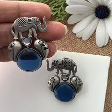 Blue Stone Elephant Oxidised Earrings for Women – Tribal Boho Earrings | Antique Silver Replica - The Soul Jewellery