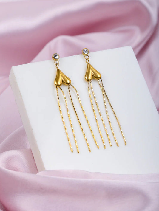 Elegant Heart Tassel Drop Earrings with CZ Accent – 18K Gold Plated, Anti - Tarnish Demi Fine Jeellery - The Soul Jewellery
