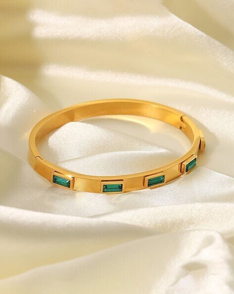 18K Gold Plated Anti - Tarnish Emerald Green Stone Bangle – Elegant Openable Daily Wear Bracelet - The Soul Jewellery