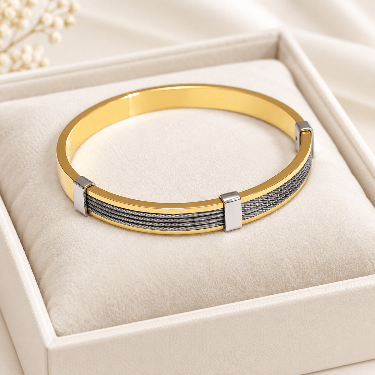 Men’s Dual-Tone Cable Cuff Bracelet – Gold & Silver Minimalist Designer Bangle for Everyday Wear - Soul Jewellery