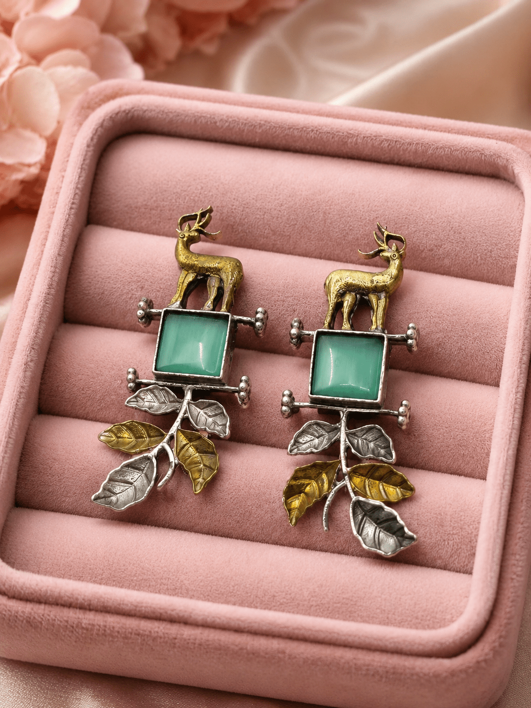 Handcrafted Dual-Tone Deer Motif Earrings with Green Stone Leaf Charms –Oxidised Earrings for Women - The Soul Jewellery