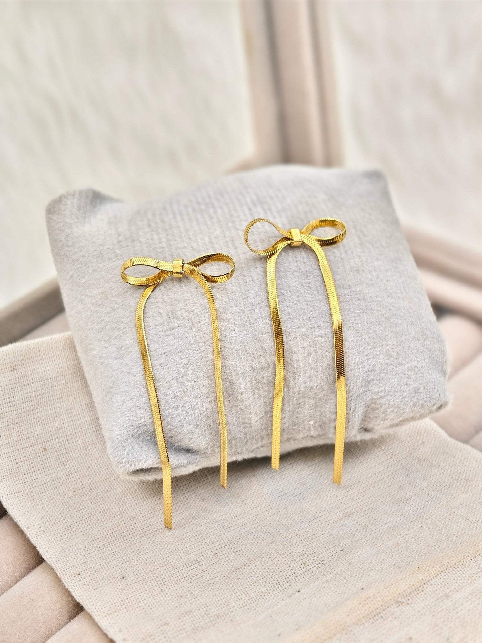Aurelia TwinGlow Luxe Demi-Fine Anti-Tarnish Gold Sleek Bow Drop Earrings - The Soul Jewellery