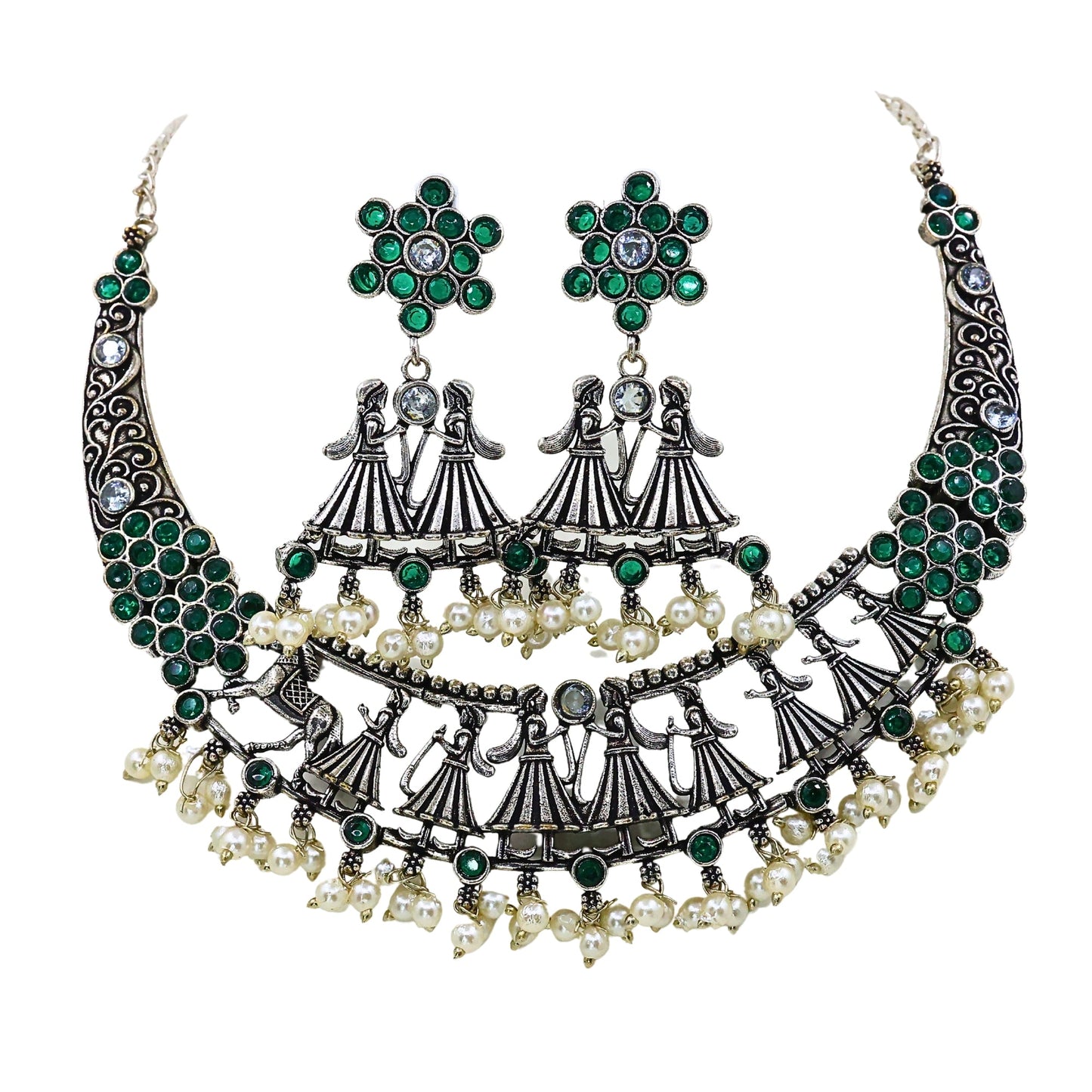 Monalisa Stone Studded King - Queen Oxidized Silver Replica Choker Necklace Set GSN184G - The Soul Jewellery