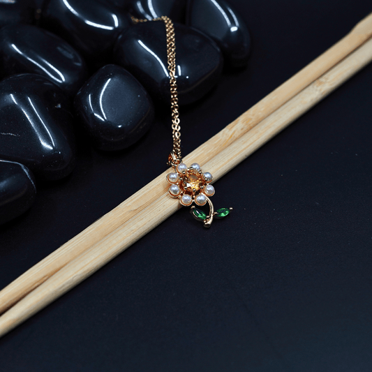 Garden Symphony: 18K Rose Gold Plated Anti tarnish Chain Pendant Necklace with Pearl and Stone Studded Flower and Leaf ATCP108 - The Soul Jewellery