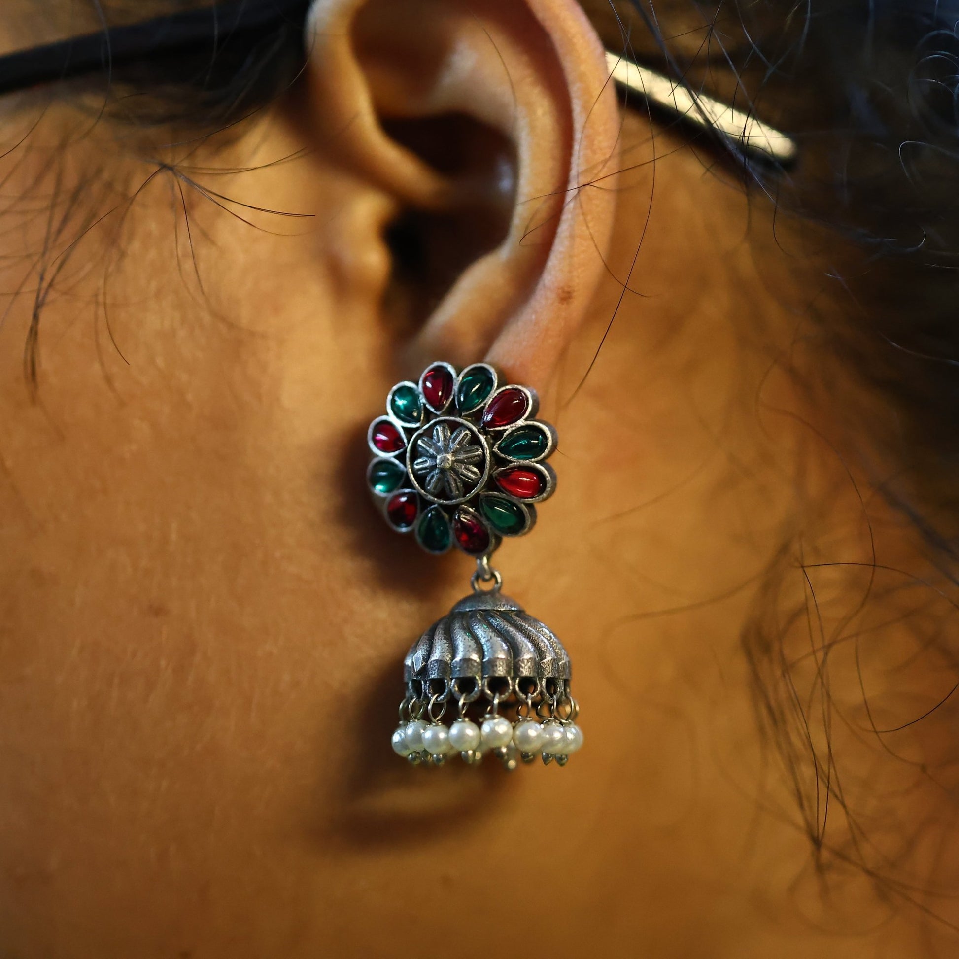 German Silver Oxidized Flower Jhumka with Monalisa Red Green Stones - The Soul Jewellery