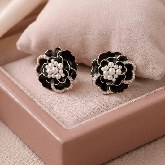 Midnight Camellia Aura 6™ Black Enamel Pearl Flower Stud Earrings for Women -DemiFine Floral Earring - The Soul Jewellery