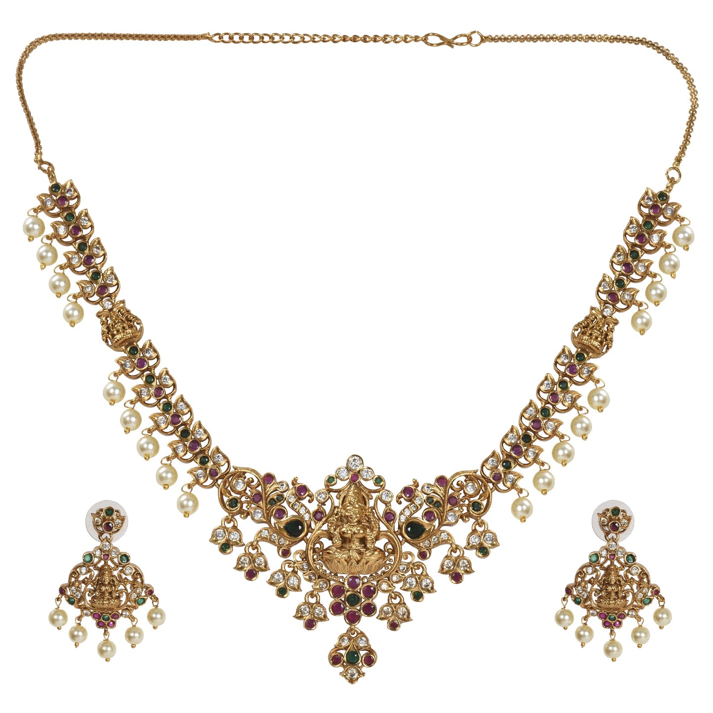 Deepti Antique Gold - Plated Short Necklace & Earring Set with Laxmi Devi motif - The Soul Jewellery
