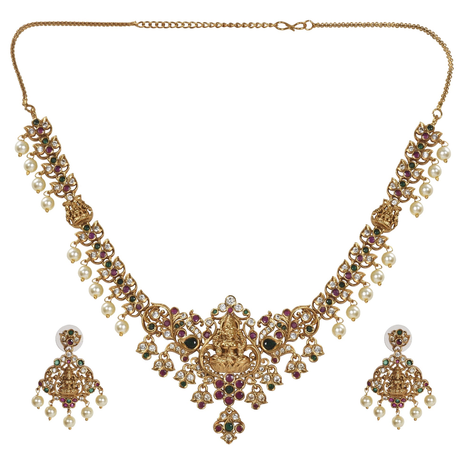 Deepti Antique Gold - Plated Short Necklace & Earring Set with Laxmi Devi motif - The Soul Jewellery