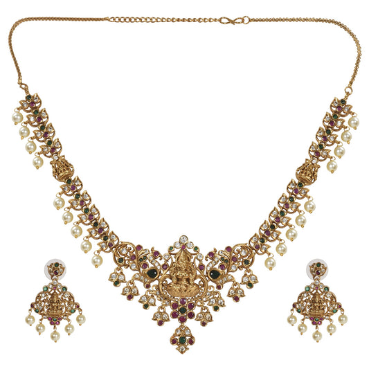 Deepti Antique Gold - Plated Short Necklace & Earring Set with Laxmi Devi motif - The Soul Jewellery